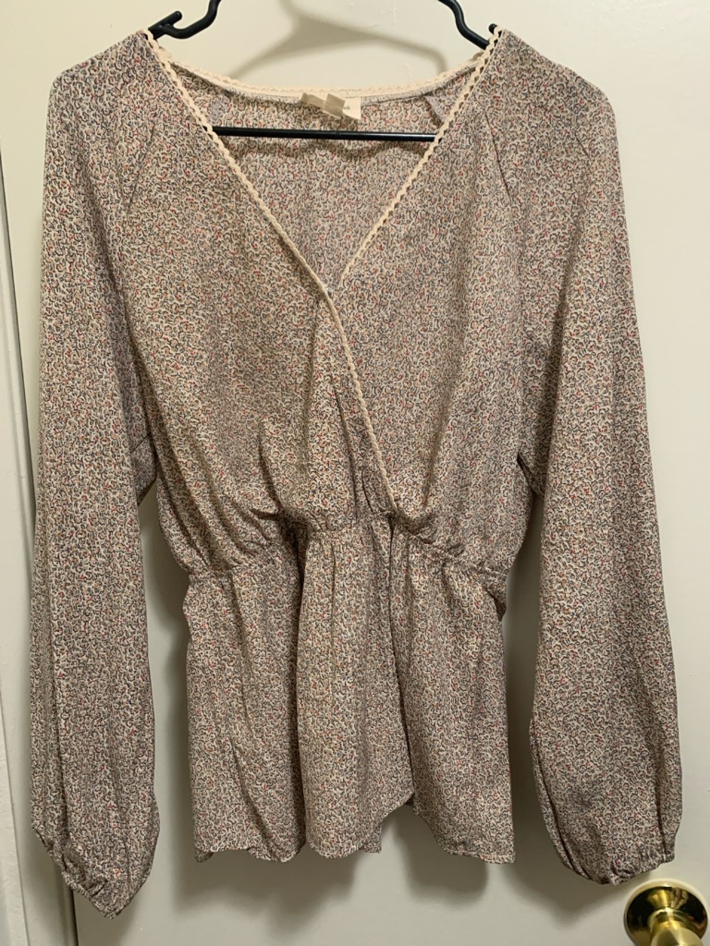 orange creek Cream Floral V-Neck Blouse with Lace Trim